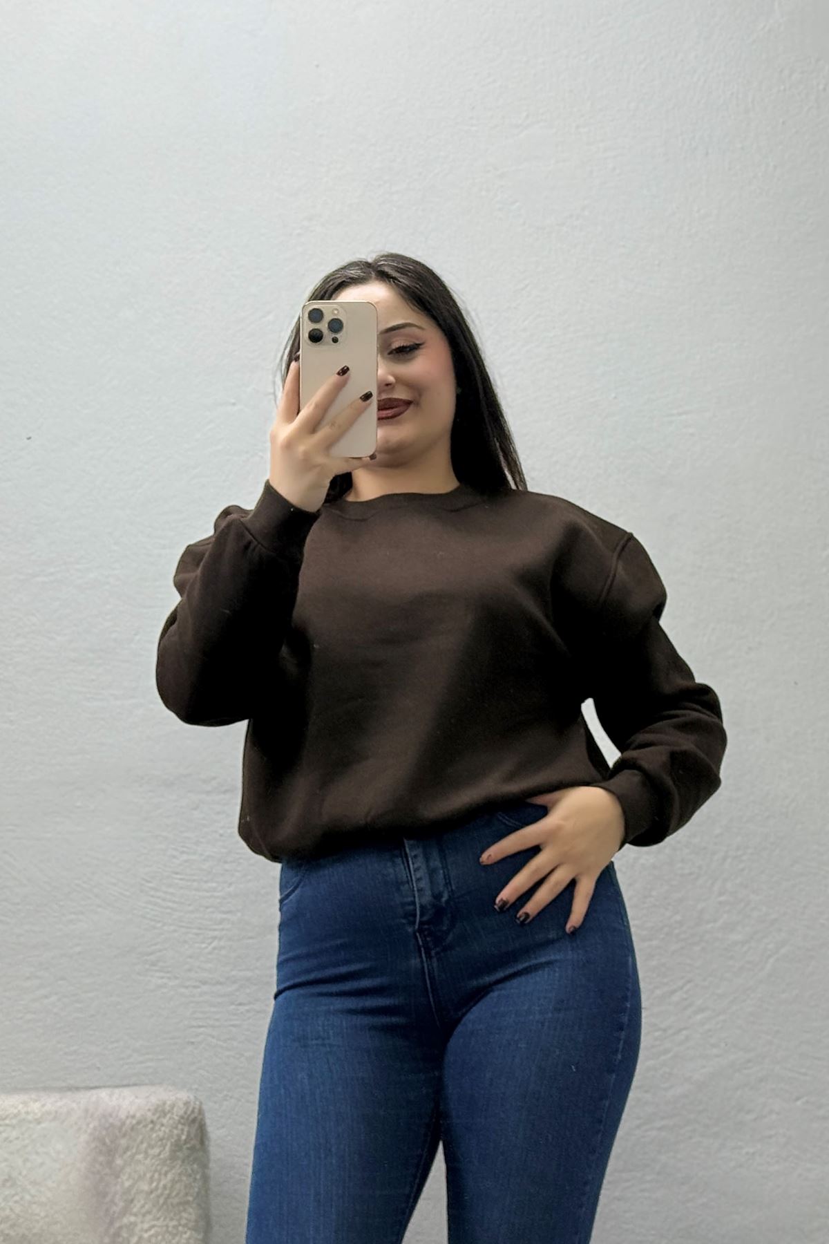 Kadın 3 İplik Bisiklet Yaka Şardonlu Sweatshirt Kahve