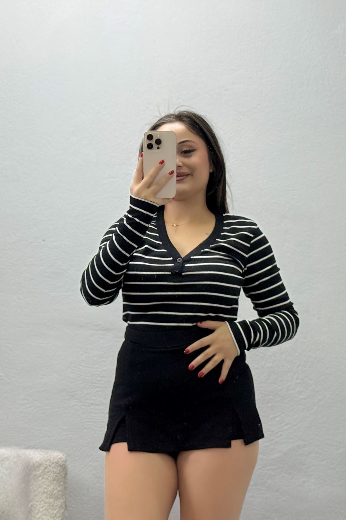 Kadın Çizgili Düğmeli Kaşkorse Body Siyah