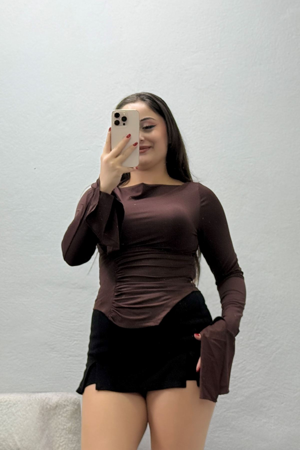 Dalgıç Düz Uzun Kol Büzgülü Kadın Body Kahve