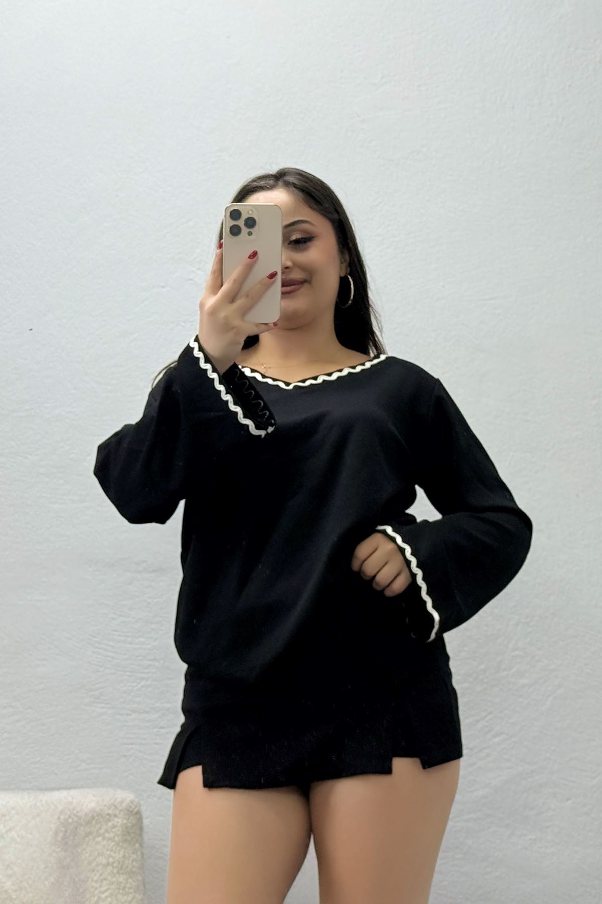 Kadın Kimono Kol V Yaka Biye Detaylı Modal Bluz Siyah