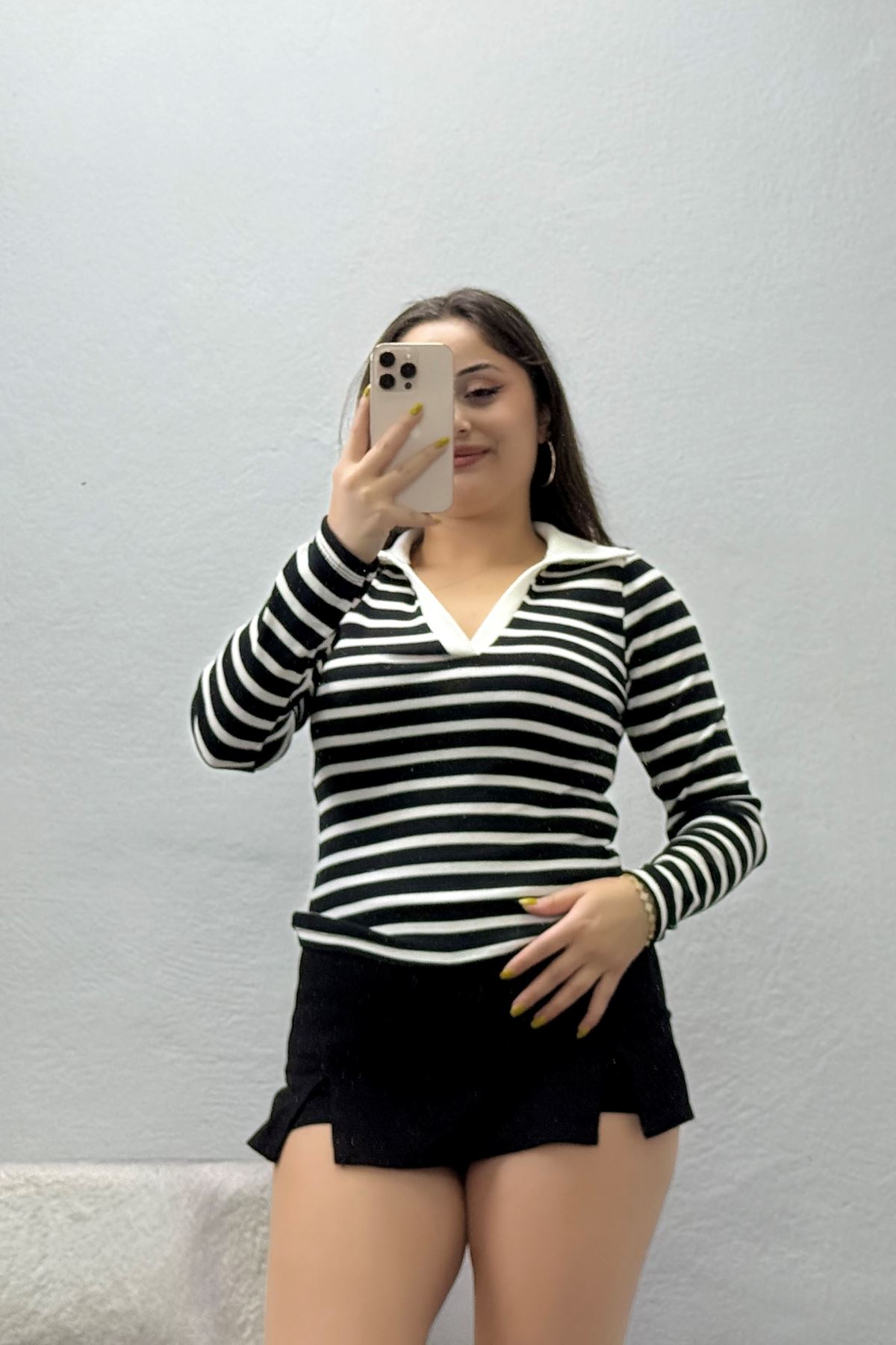 Kadın Polo Yaka Çizgili Kaşkorse Body Siyah