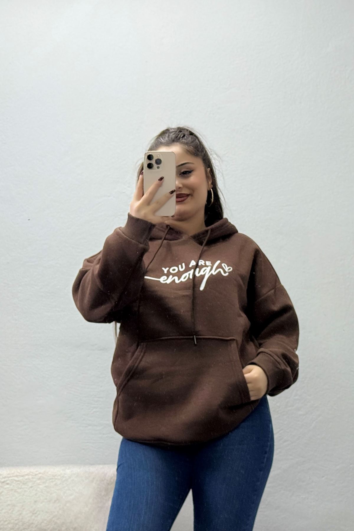 Kadın Kapşonlu Baskılı Sweat Kahve