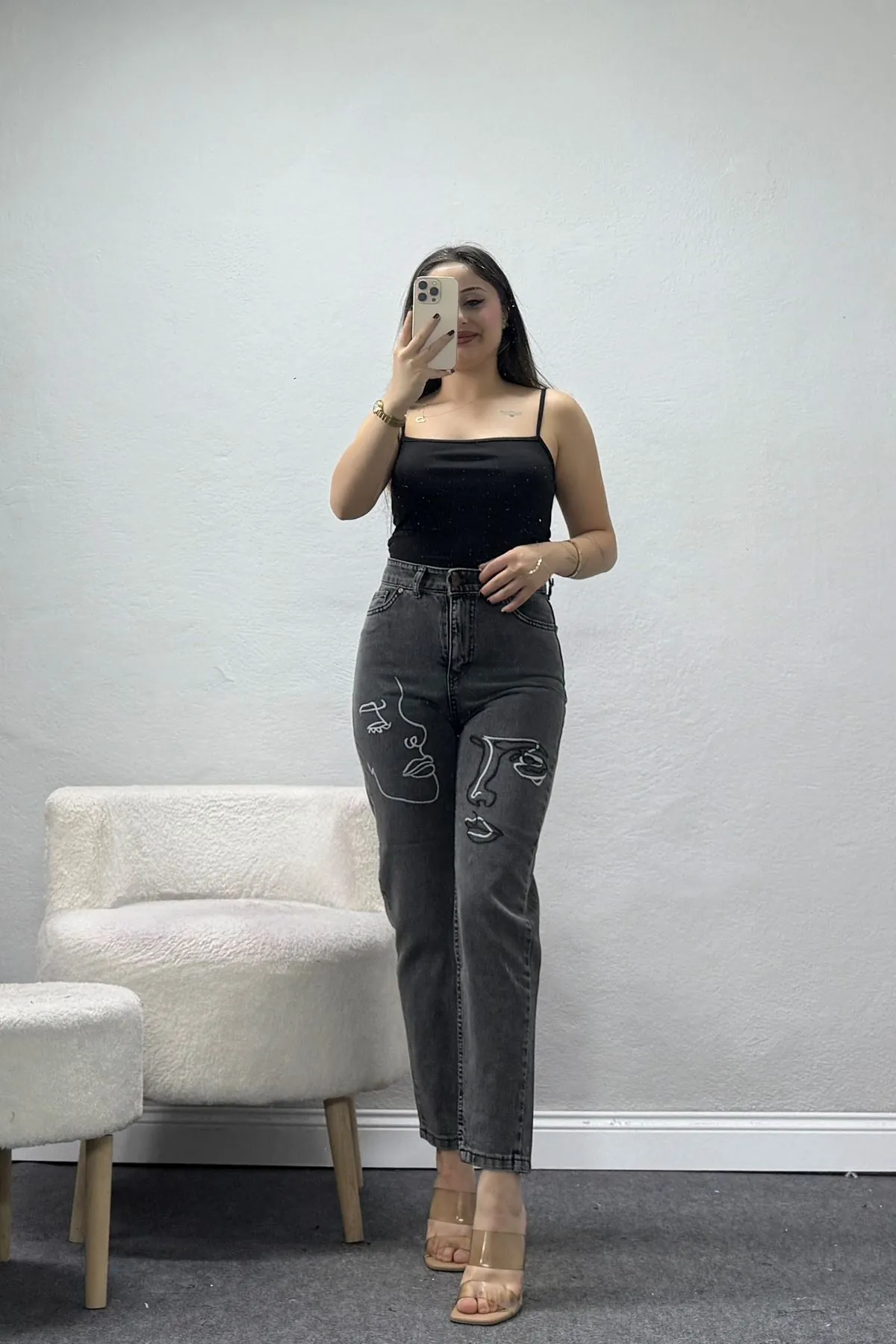 Kadın Nakışlı Mom Jean Füme