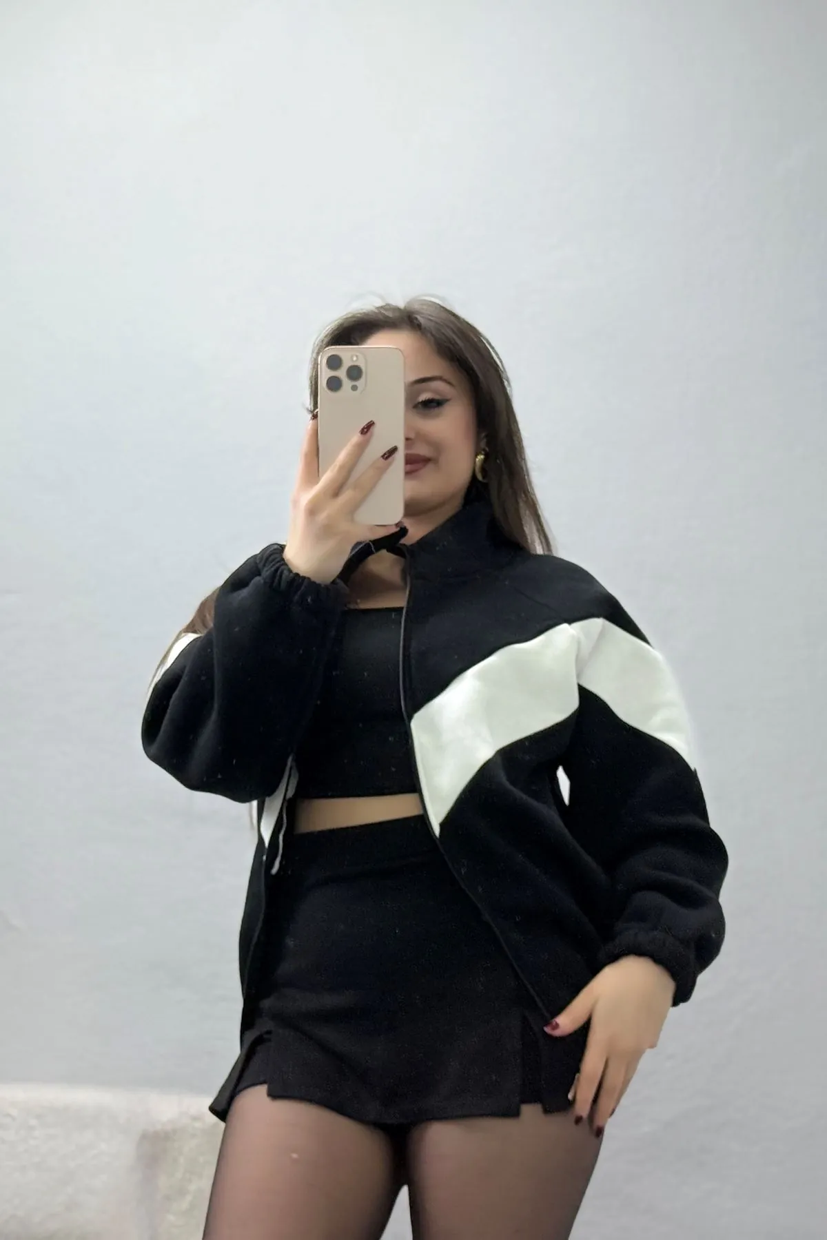 Kadın 3 İplik Kompakt Oversize Fermuarlı Sweat Siyahekru