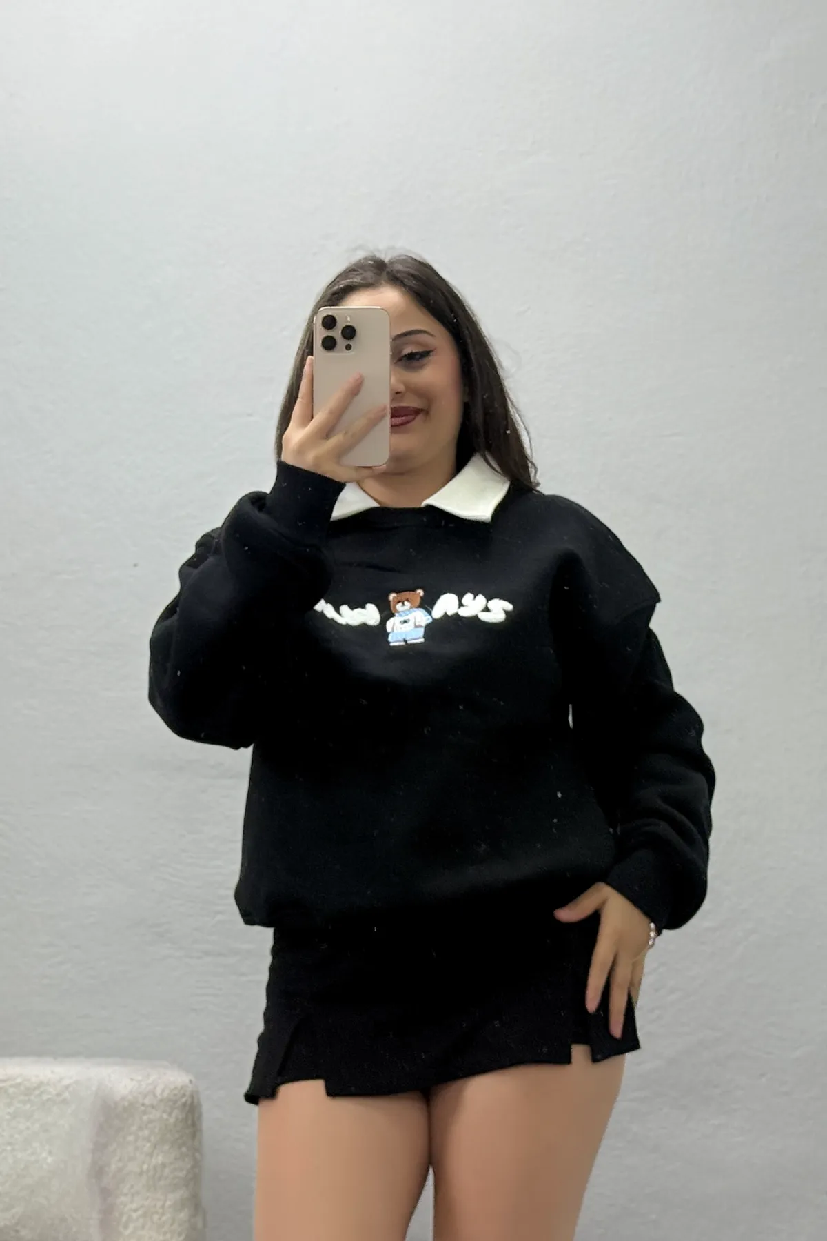 Kadın Polo Yaka Nakışlı 3 İplik Şardonlu Sweat Siyah Beyaz