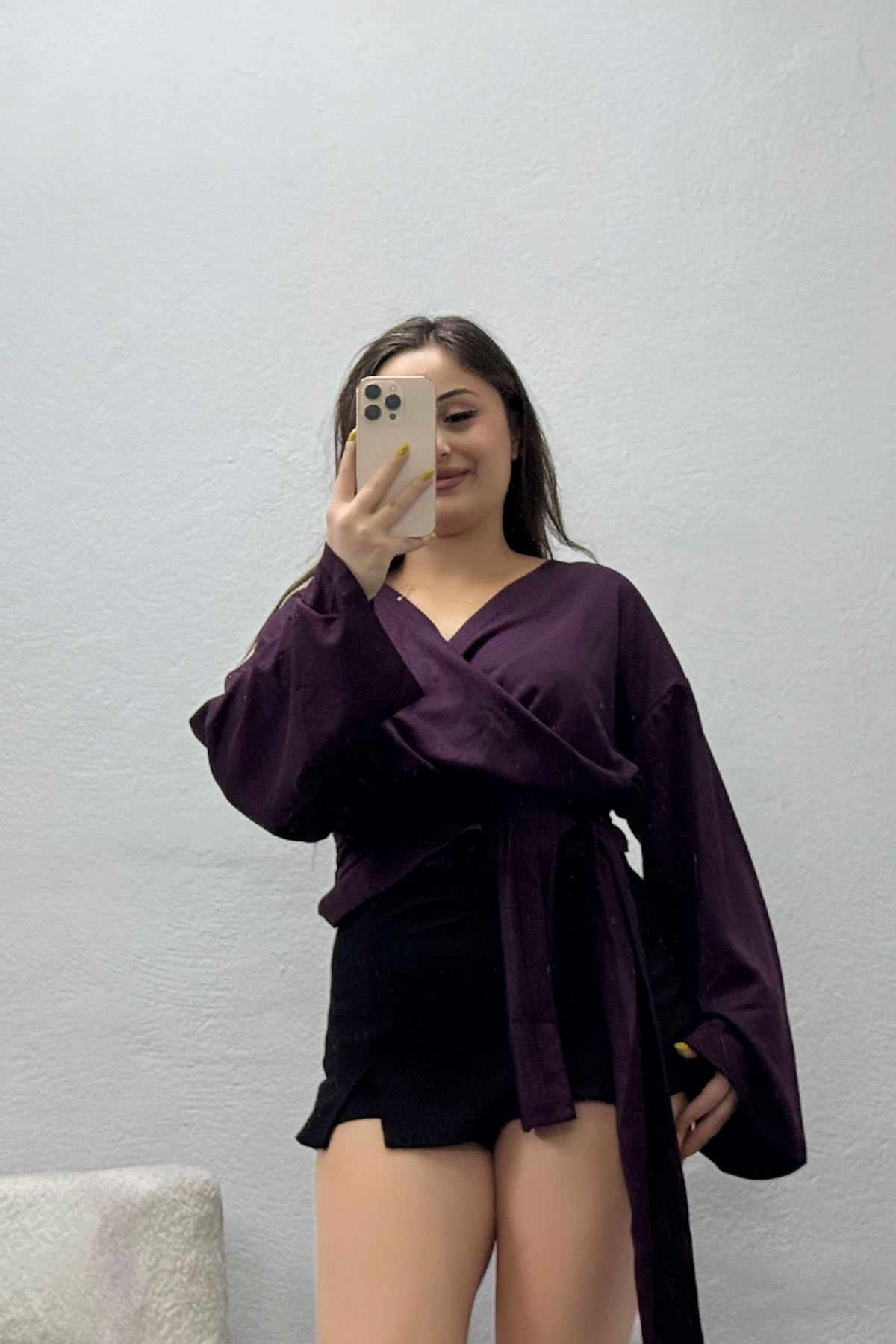 Kadın Kruvaze Yaka Bağlamalı Modal Kimono Bluz Mürdüm