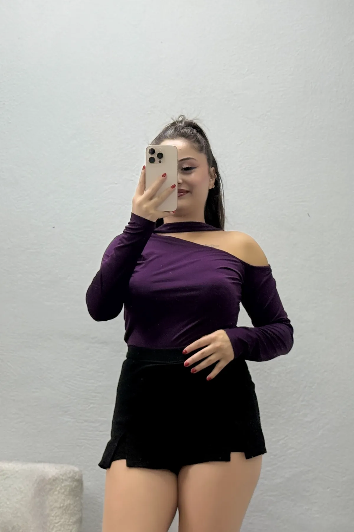 Kadın Fularlı Asimetrik Yaka Sandy Bluz Mor