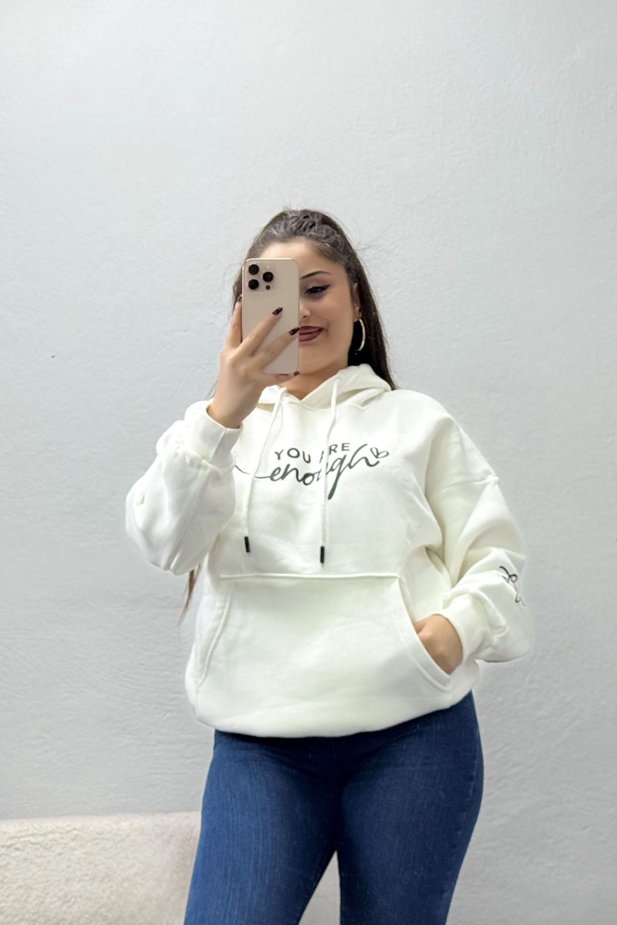 Kadın Kapşonlu Baskılı Sweat Ekru