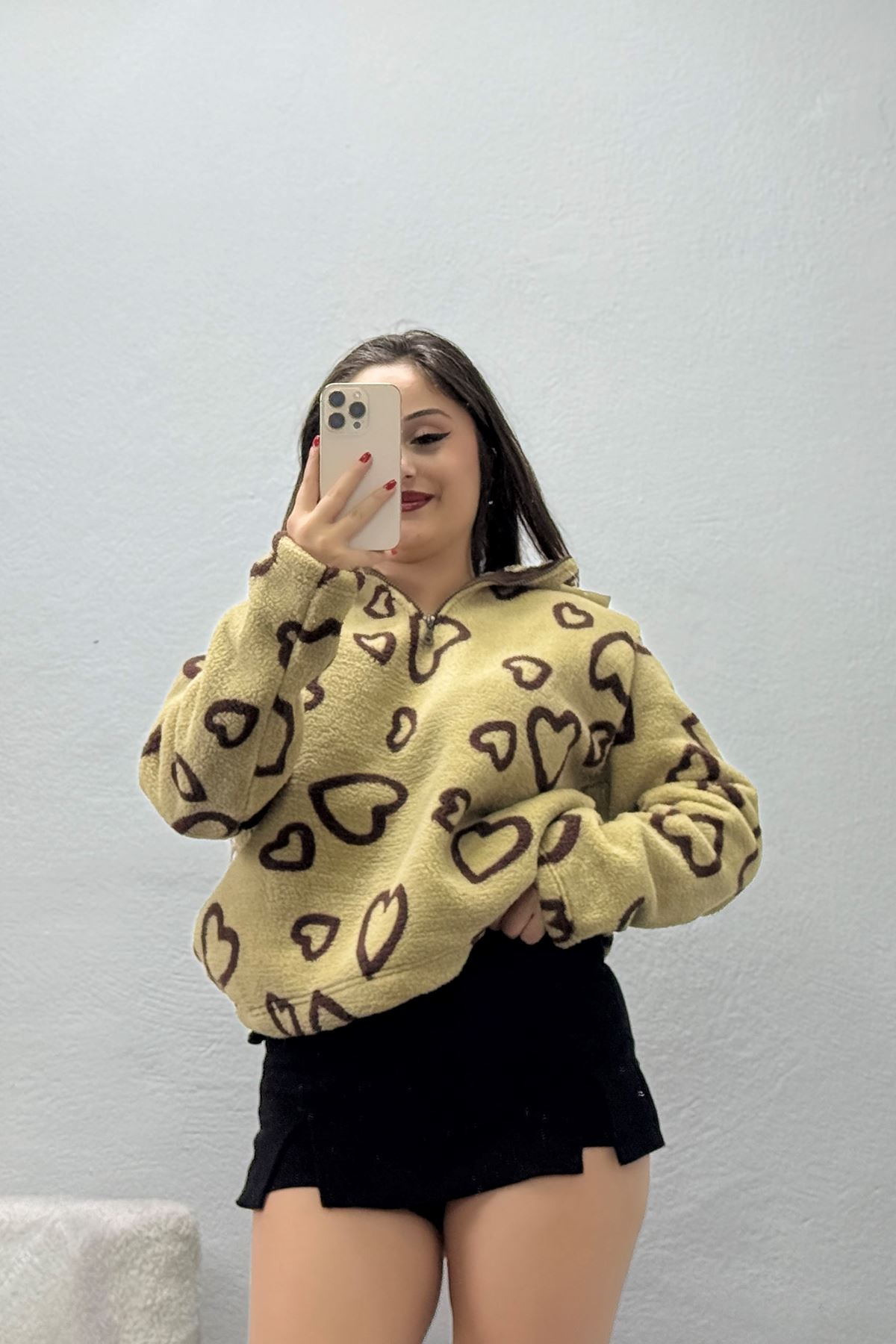 Kadın Yarım Fermuarlı Peluş Sweat Vizonkahve