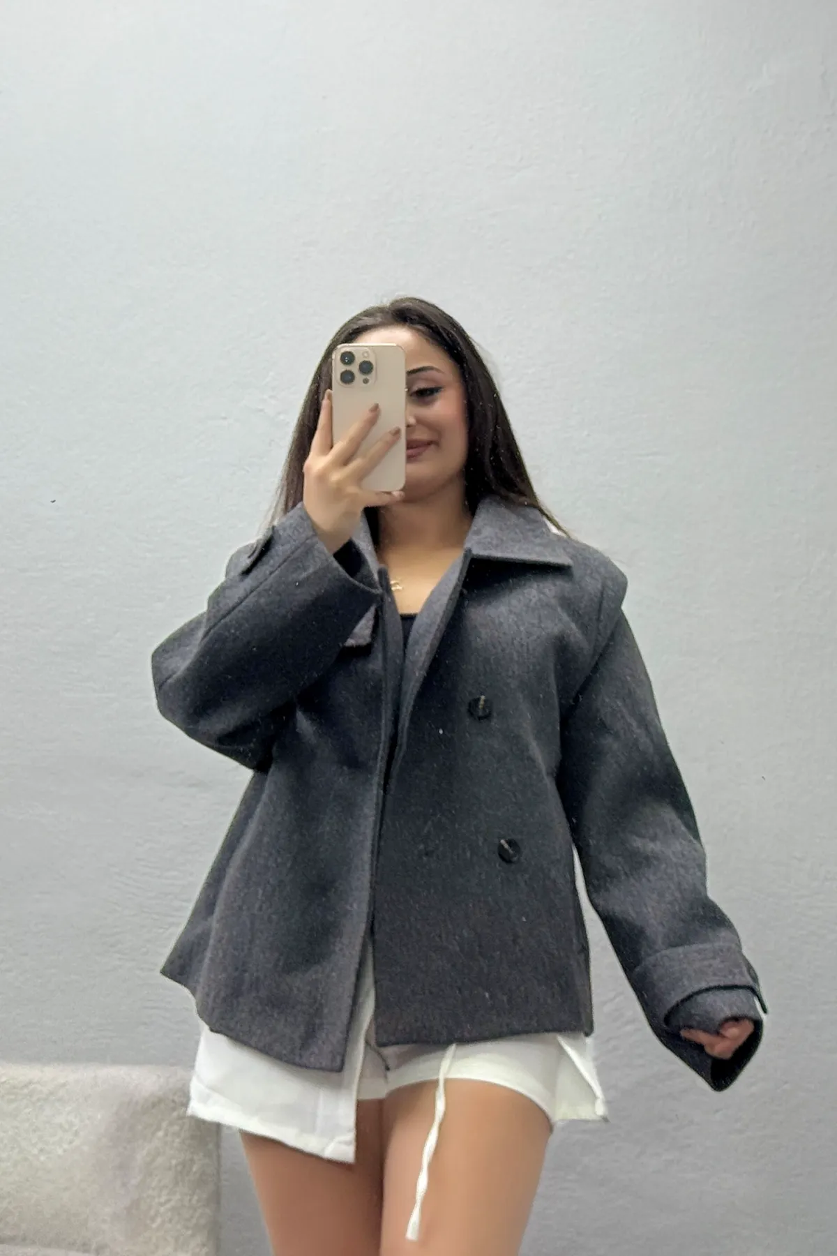 Kadın Oversize Dik Yaka Astarlı İthal Kaşe Kaban Gri