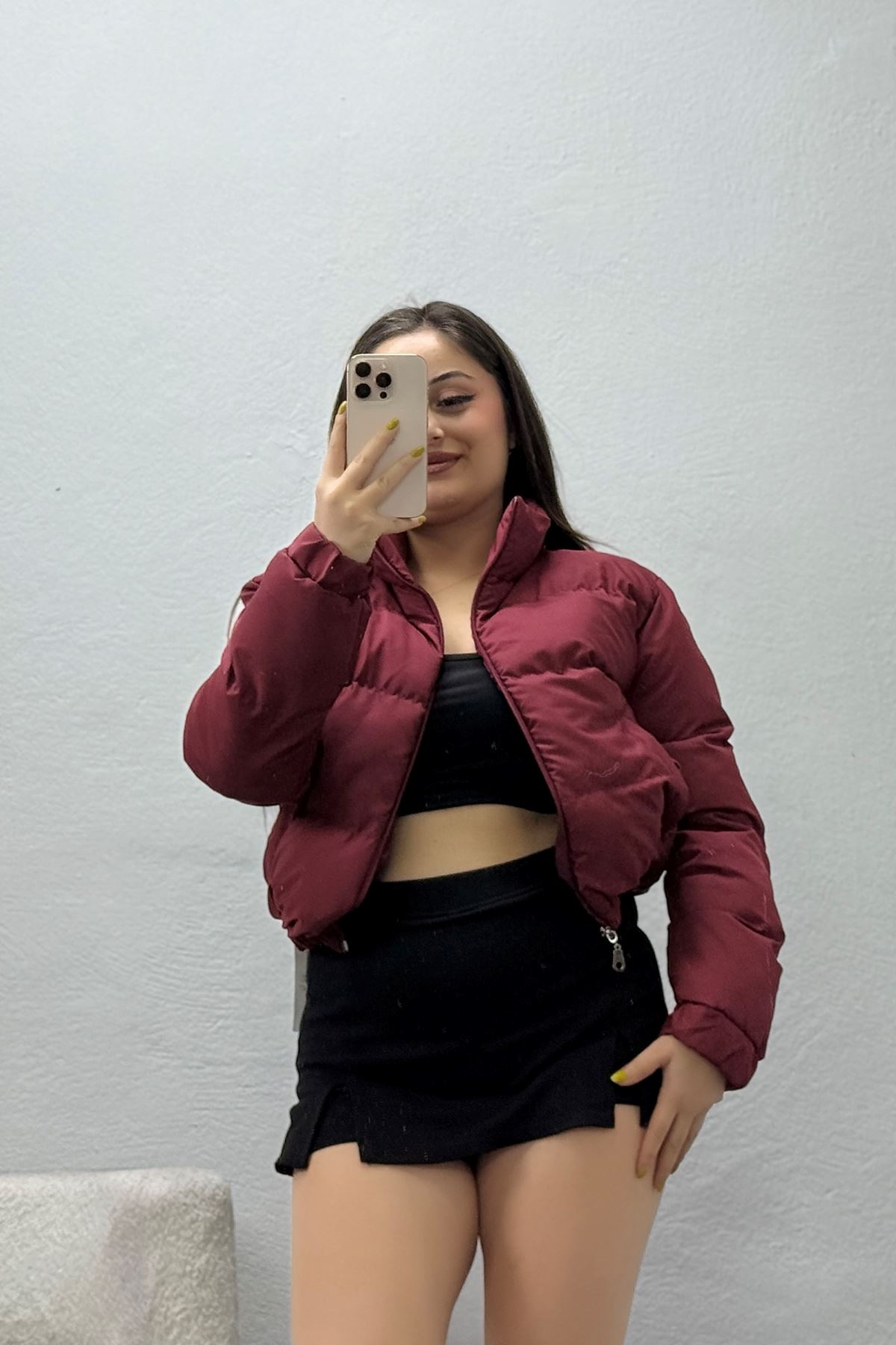 Kadın Beli Lastikli Şişme Mont Bordo