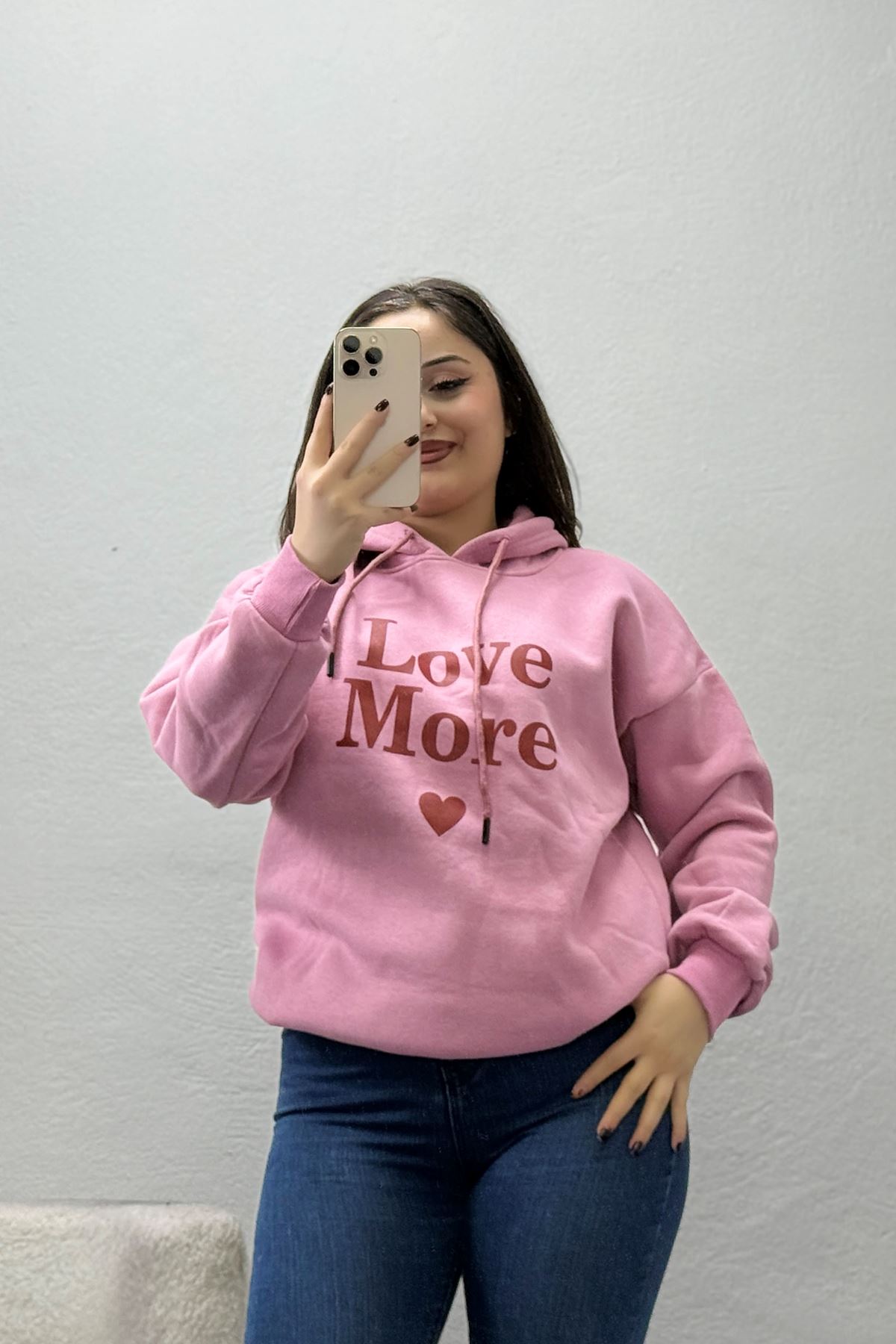 Kadın Üç İplik Kapşonlu Baskılı Sweat Pembe
