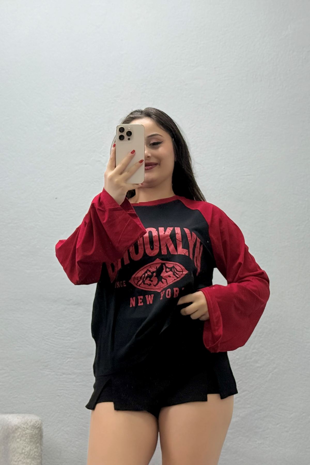 Kadın Reglan Kol Bisiklet Yaka Penye Sweat Siyahkırmızı