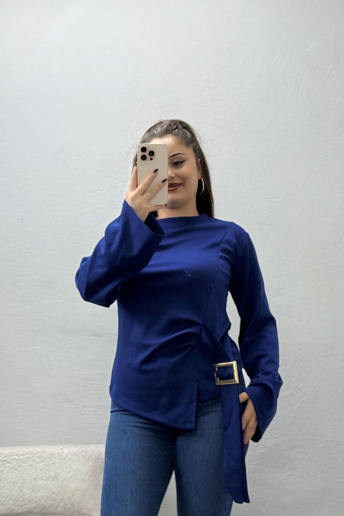 Kadın Toka Detaylı Kimono Kol Modal Bluz İndigo
