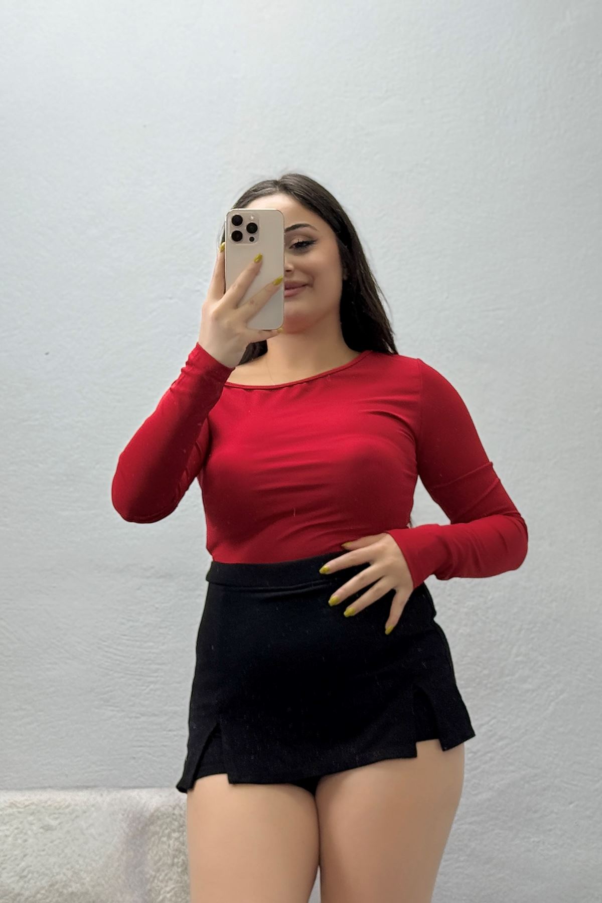 Kadın Asimetrik Kesim Dalgıç Uzun Kollu Body Kırmızı