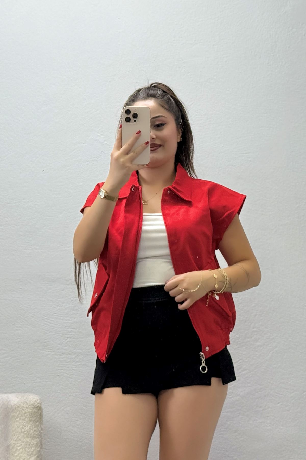 Kadın Likralı Cepli Dokuma Yelek Kırmızı