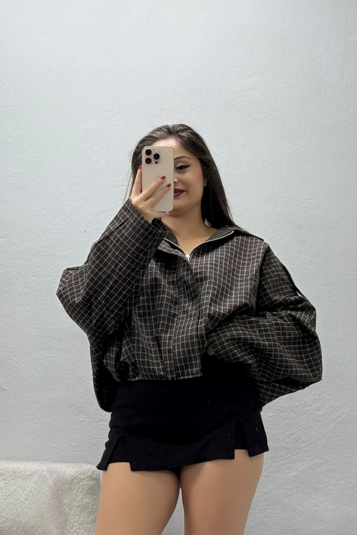 Kadın Yün Efekt Poliviskon Ekose Pileli Bomber Ceket Kahve