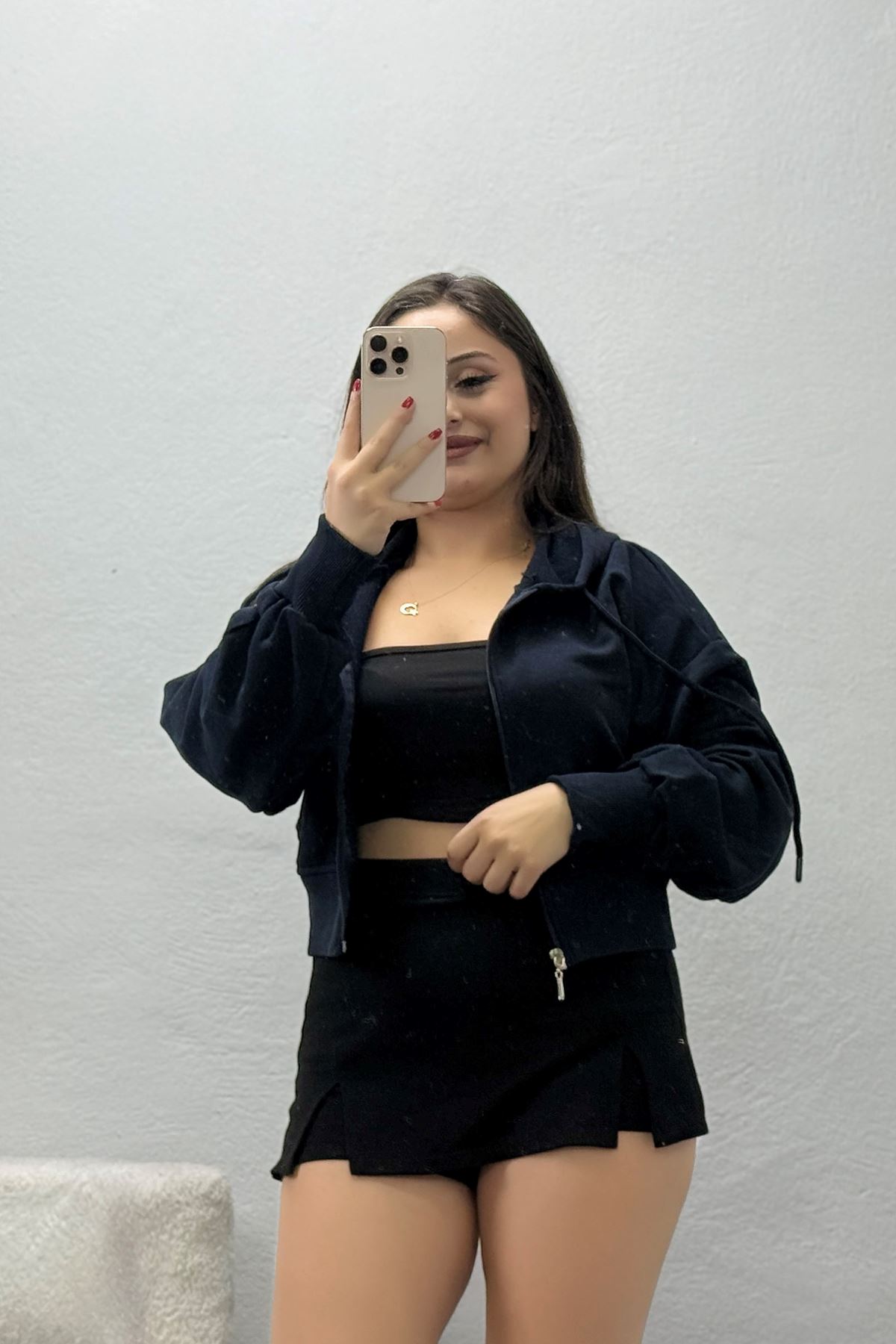 Kadın 3 İplik Şardonsuz Balon Kol Crop Sweat Lacivert