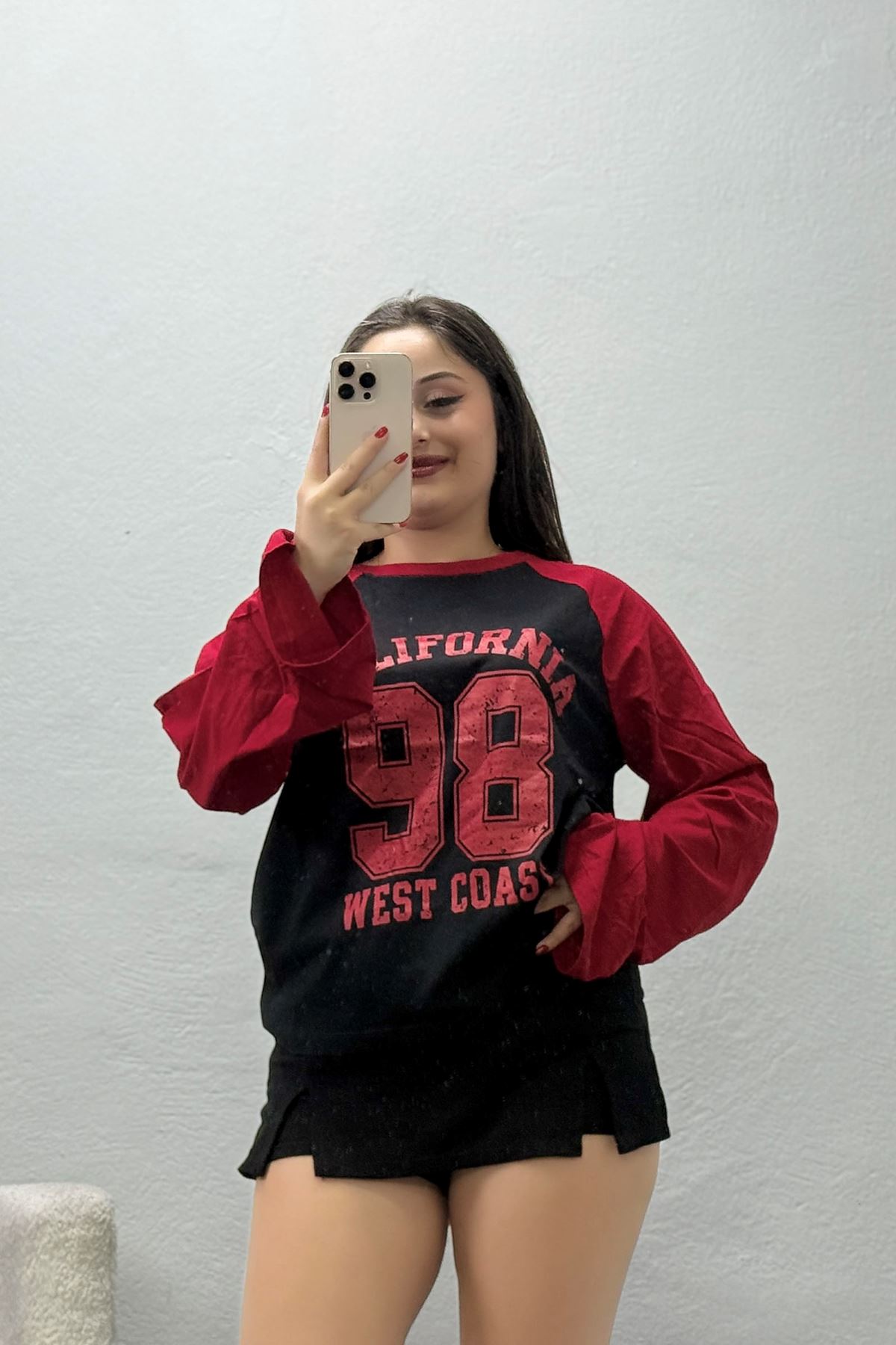 Kadın Reglan Kol Bisiklet Yaka Penye Sweat Siyahkırmızı