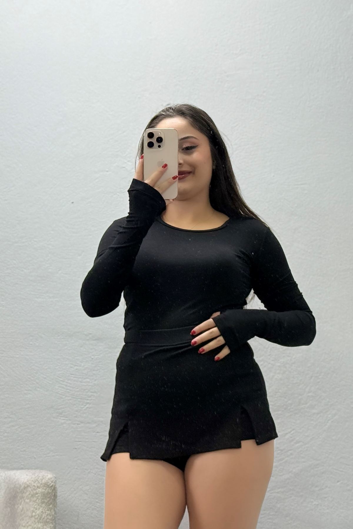 Kadın Bisiklet Yaka Parmak Geçmeli Viskon Body Siyah
