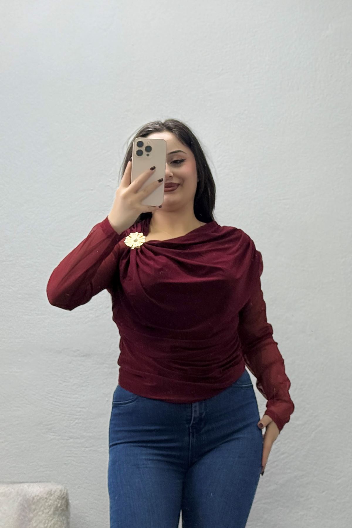 Kadın Sandy Drapeli Tül Kol Bluz Bordo