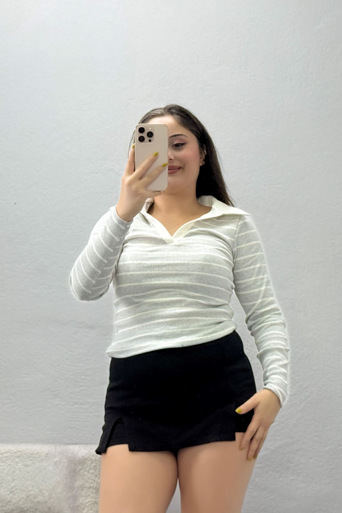 Kadın Polo Yaka Çizgili Kaşkorse Body Gri