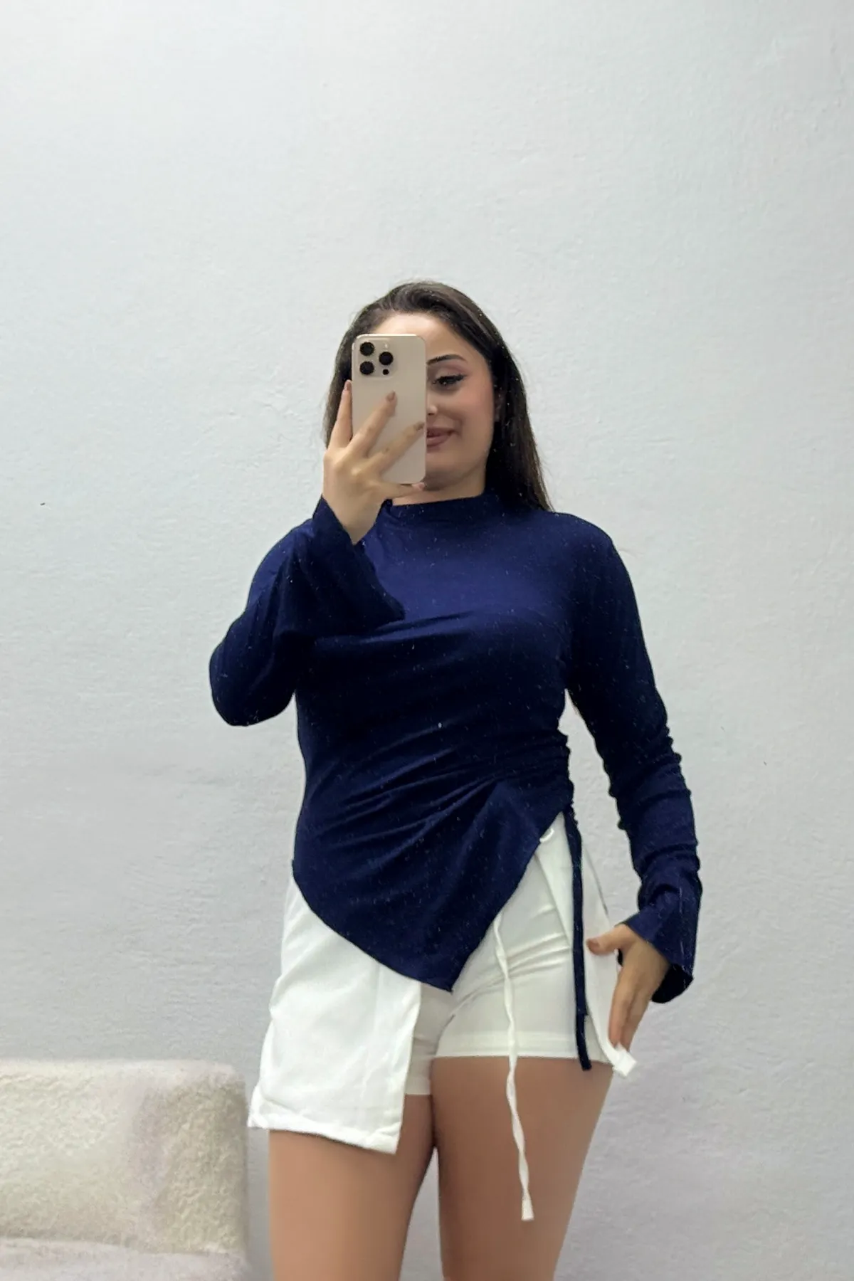Kadın Bel Büzgülü Asimetrik Kesim Buzy Bluz Lacivert