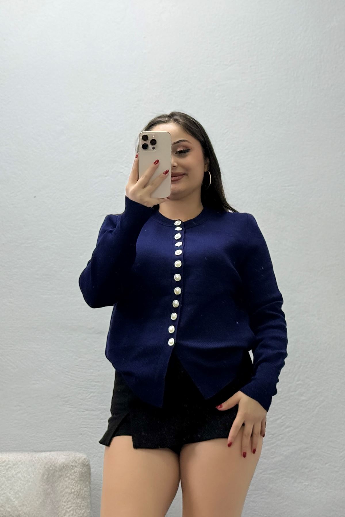 Kadın İnci Düğmeli Triko Hırka Lacivert