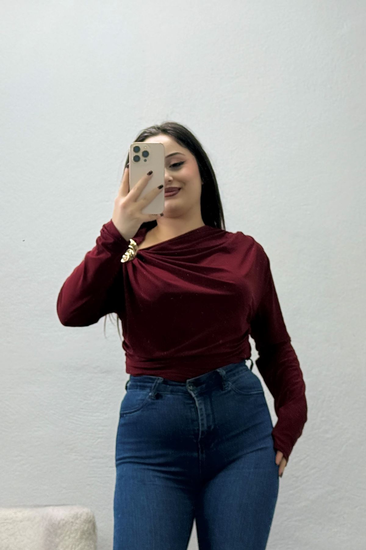 Kadın Toka Detaylı Drapeli Bluz Bordo