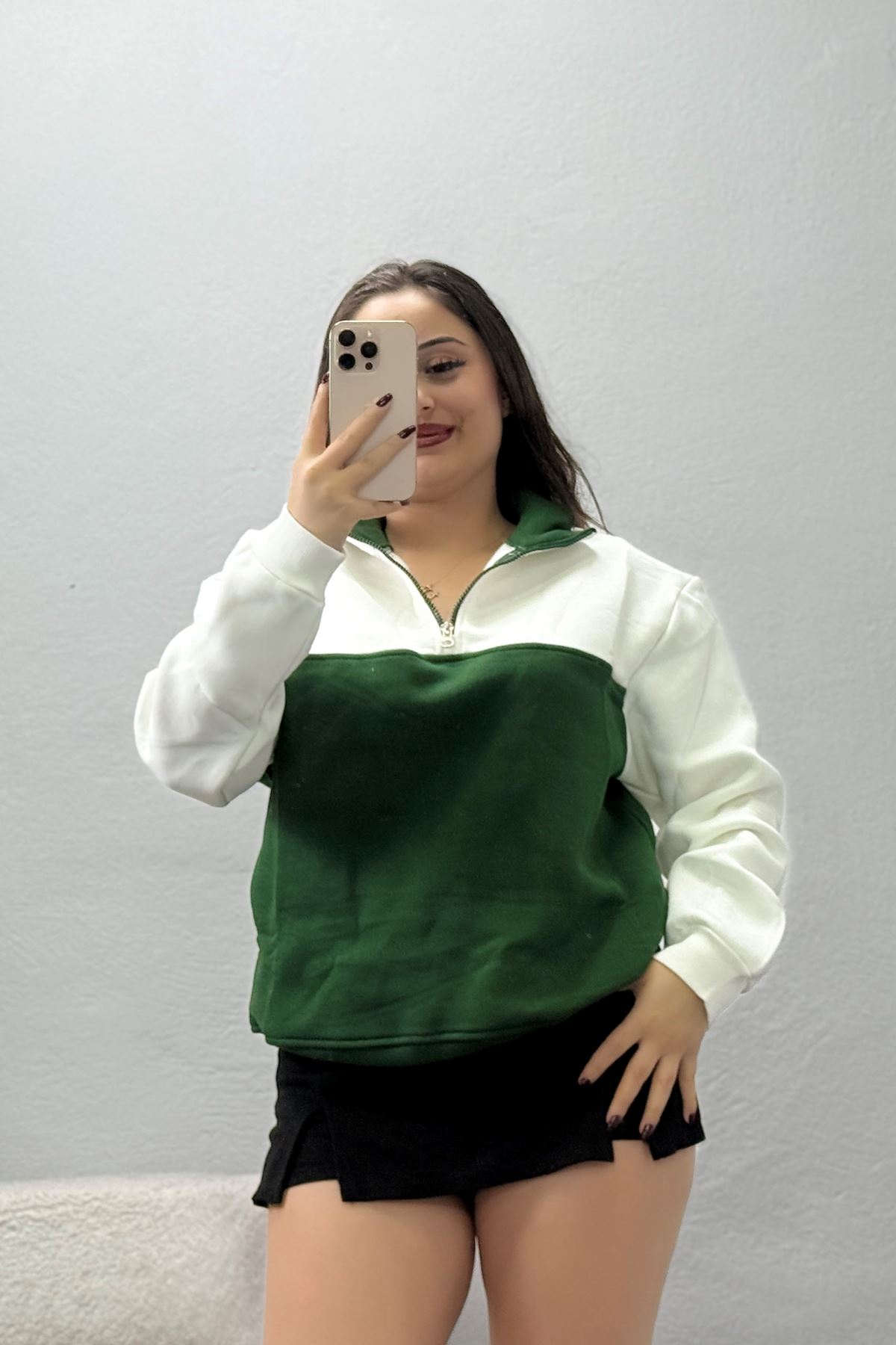 Kadın 3 İplik Yarım Fermuarlı Sweatshirt Ekruyeşil