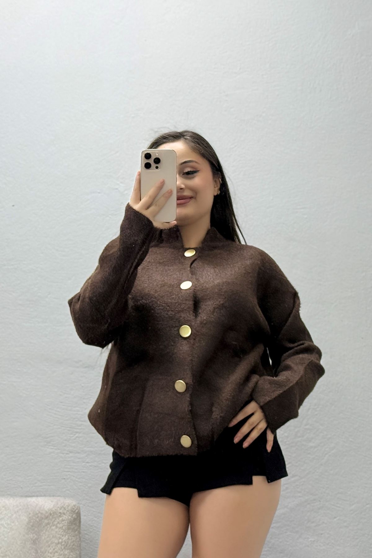 Kadın Düğmeli Triko Hırka Kahve