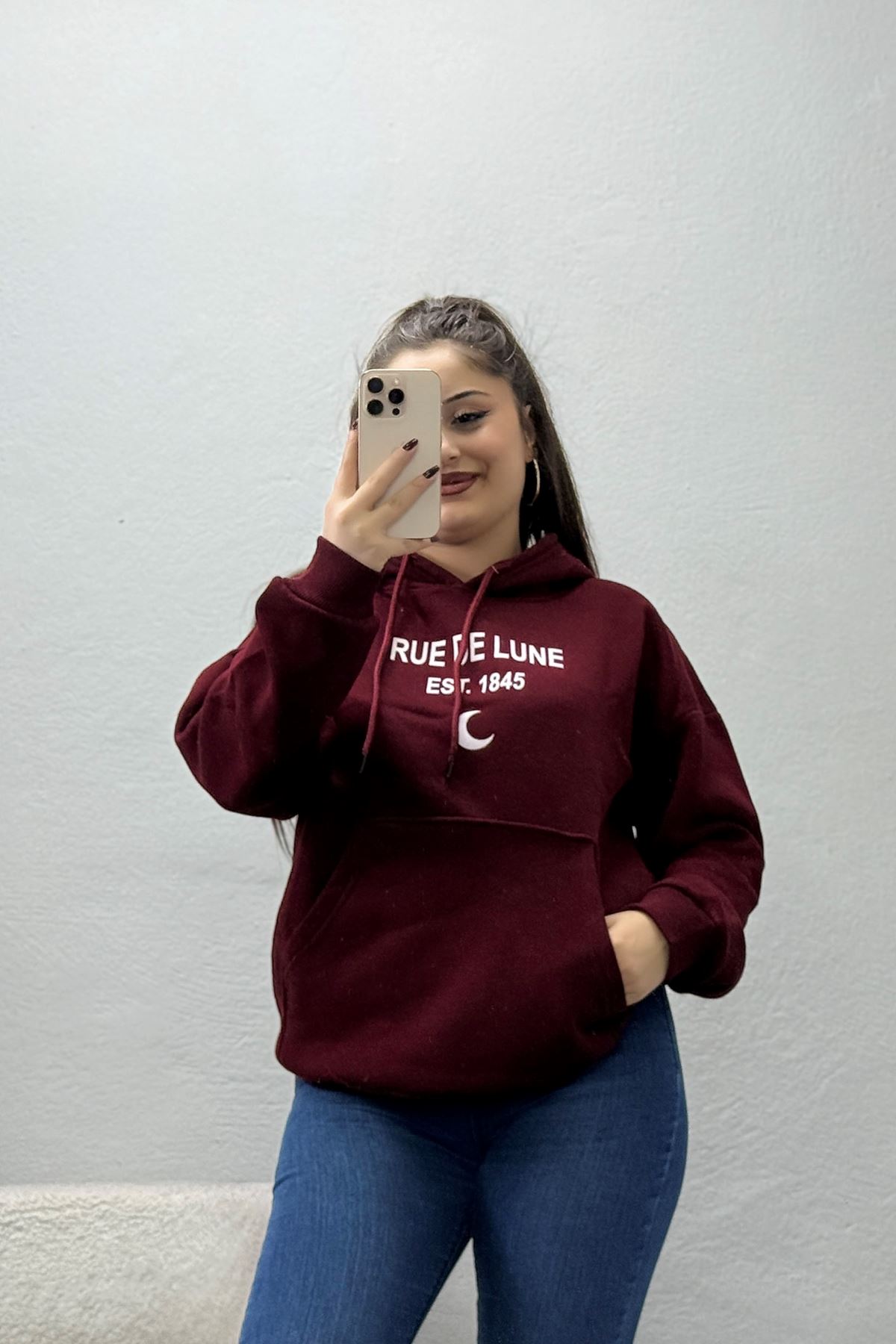 Kadın Kapşonlu Baskılı Sweat Bordo