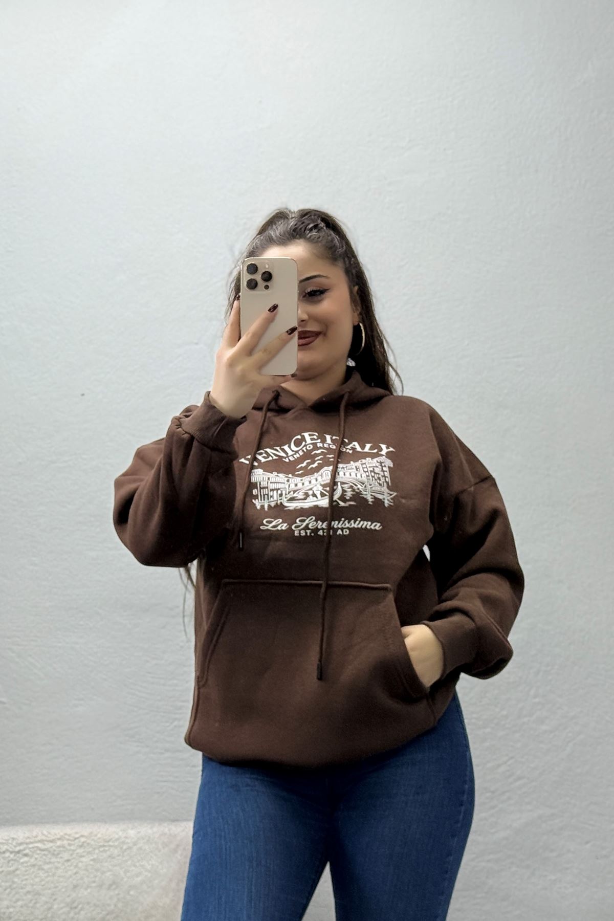 Kadın Kapşonlu Baskılı Sweat Kahve