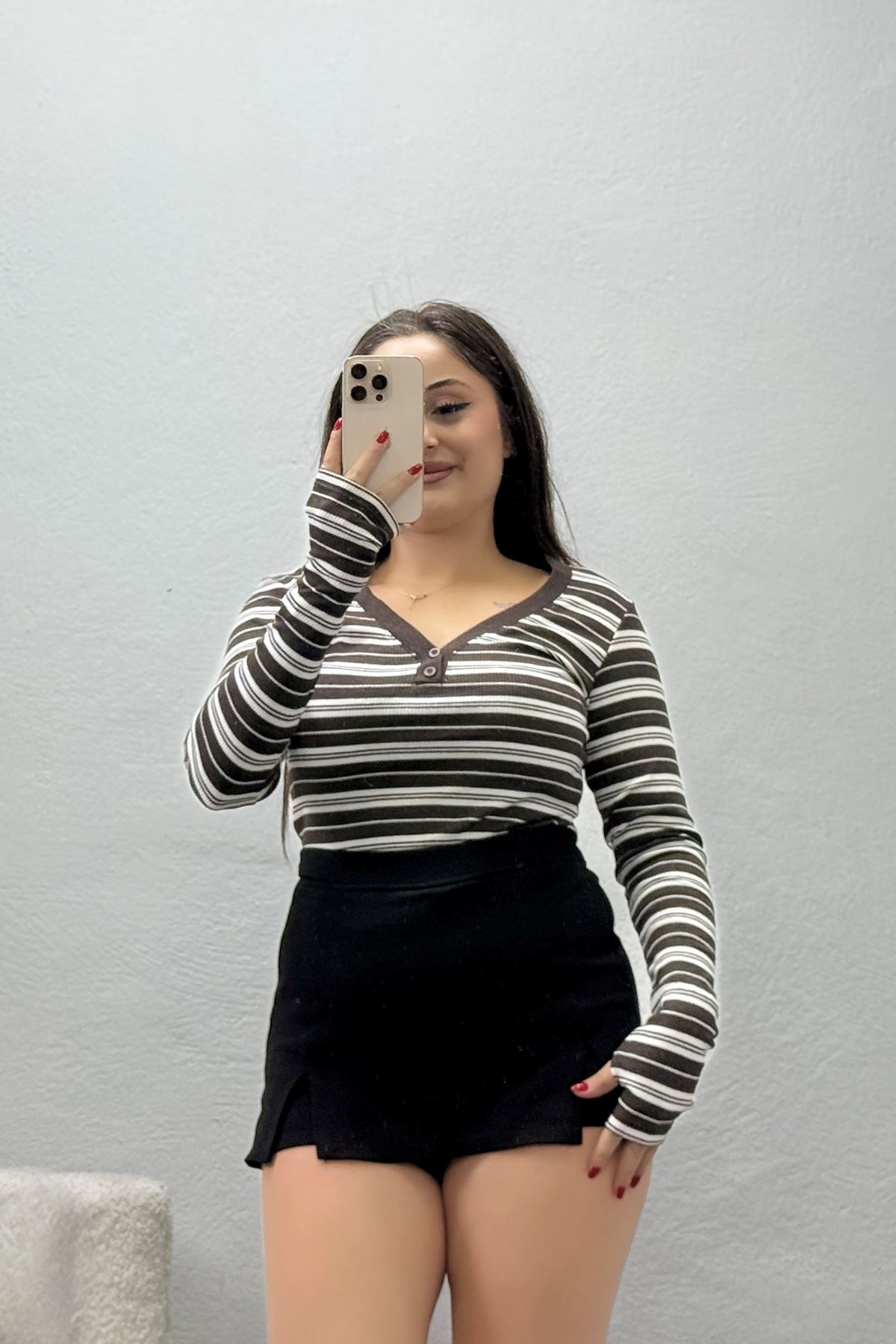 Kadın Çizgili Düğmeli Kaşkorse Body Kahve Bej