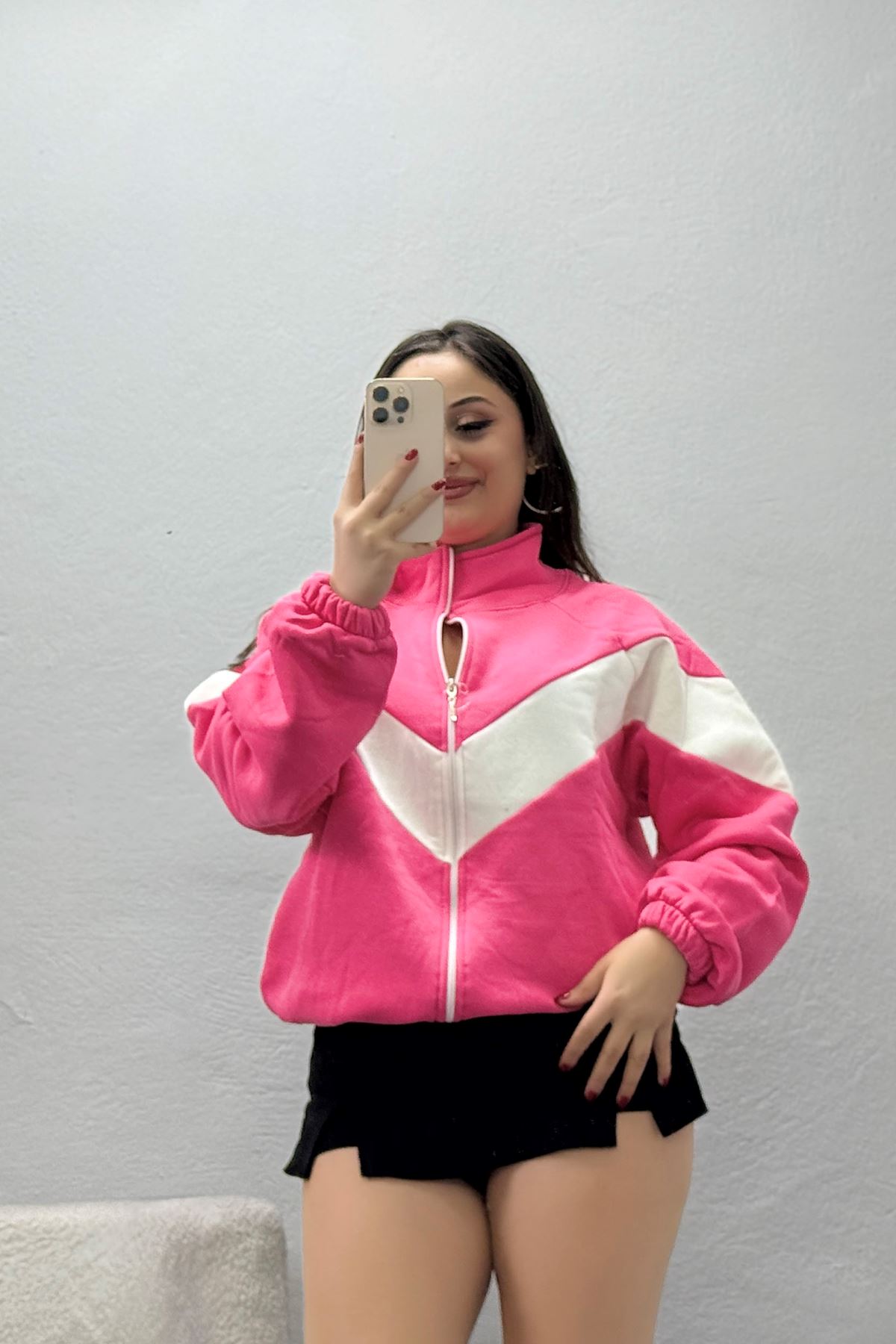 Kadın 3 İplik Oversize Fermuarlı Sweat Fuşyaekru